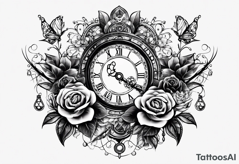 I want a design for printing on t-shirts, the design is an hourglass with a hand clock in the middle with Amazigh numbers, and these two main elements are mixed with thorny roses and planets tattoo idea