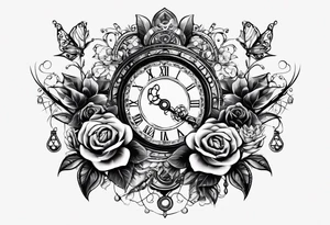 I want a design for printing on t-shirts, the design is an hourglass with a hand clock in the middle with Amazigh numbers, and these two main elements are mixed with thorny roses and planets tattoo idea