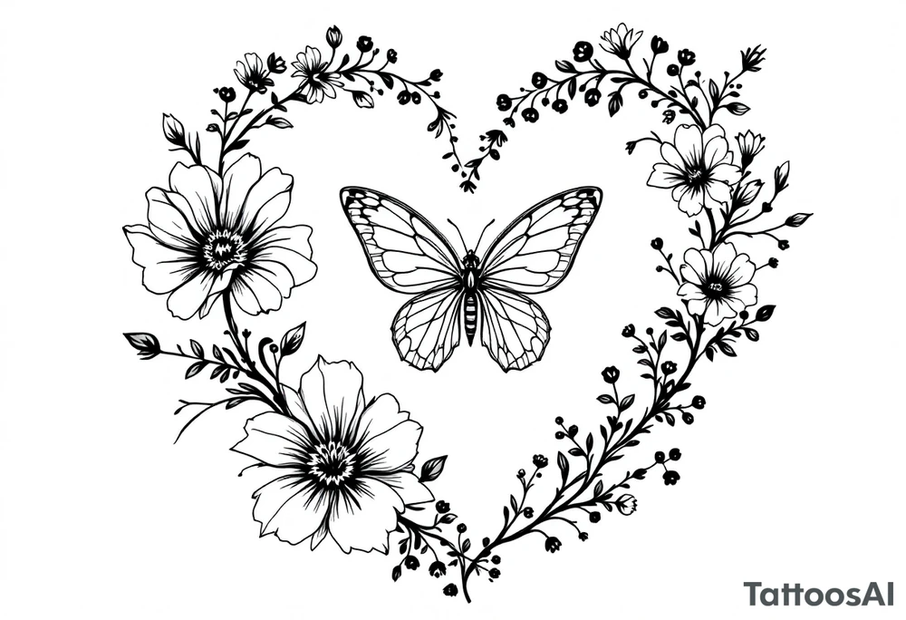 Flowers, heart and buttherfly with name Zackary and Charlie tattoo idea