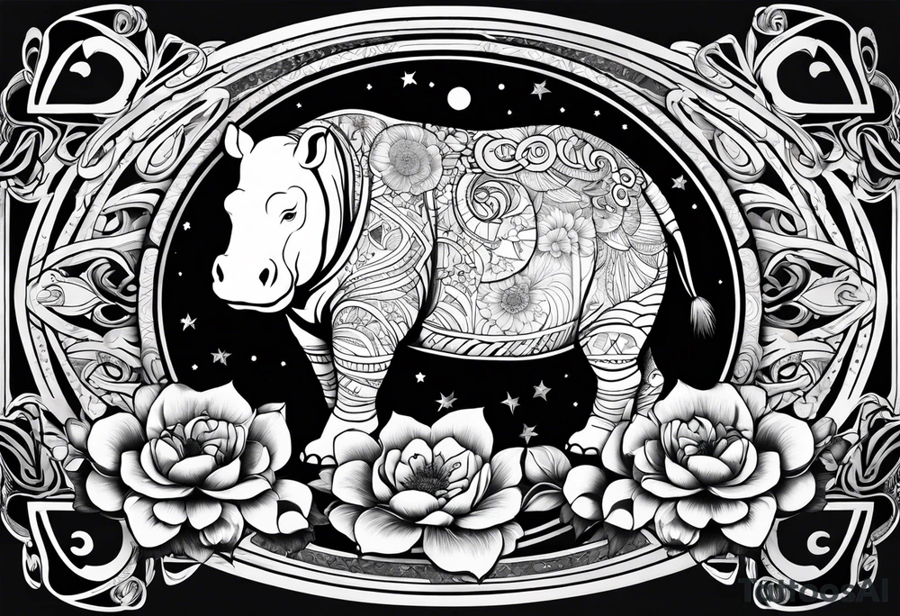 Hippo, flowers, moon, interstella, artic surreal,
Extreme fine lines, tribal, geometric, japanese, artistic tattoo idea