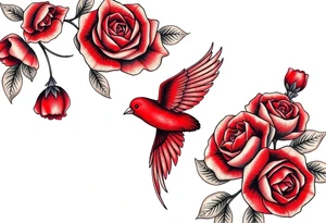 Vintage lace, red roses close together, bright red bird flying freely tattoo idea