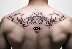 Roman numeral dates (IX.IX.MM and II.XXV.MMIII) in a balanced and symmetrical layout, along with the number 224 tattoo idea