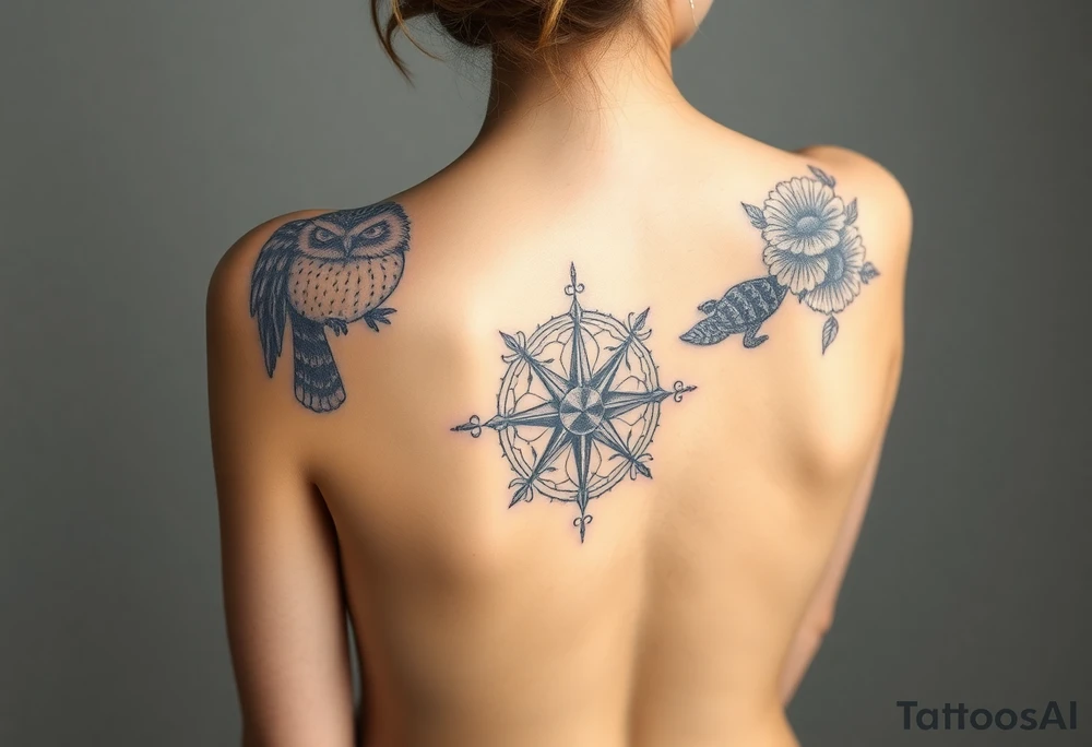 Full back owl on left shoulder flowers on right 3 turtles down spine use antique compass rose overlaid everywhere else tattoo idea