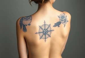Full back owl on left shoulder flowers on right 3 turtles down spine use antique compass rose overlaid everywhere else tattoo idea