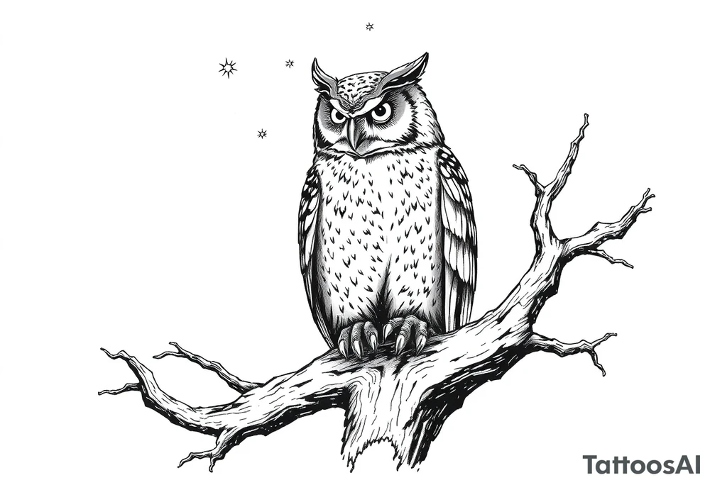 wise owl perched on ancient oak branch under starlit sky tattoo idea