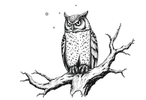 wise owl perched on ancient oak branch under starlit sky tattoo idea