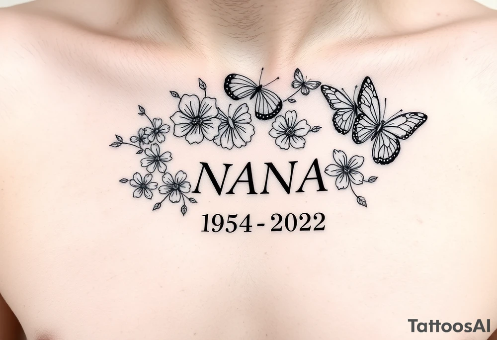 flowers and butterflies with the name “NANA” and the date “1954-2022” mixed all together on the side of the rib cage tattoo idea