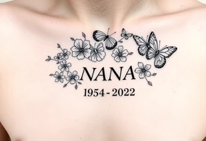 flowers and butterflies with the name “NANA” and the date “1954-2022” mixed all together on the side of the rib cage tattoo idea