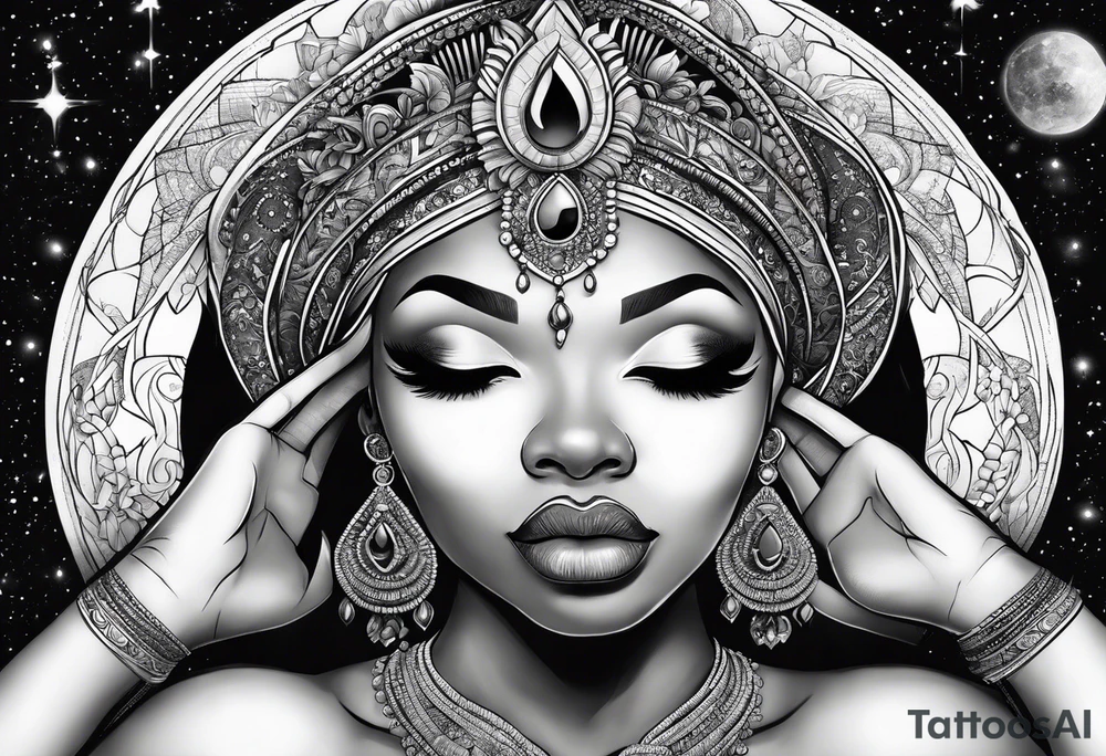 Black woman, royalty, enlightenment, wisdom, astronomy, cancer zodiac, natural, tattoo idea