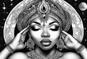 Black woman, royalty, enlightenment, wisdom, astronomy, cancer zodiac, natural, tattoo idea