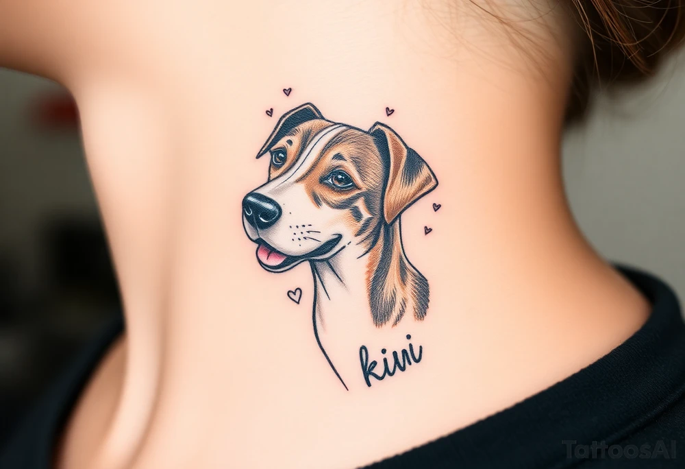 One line tattoo of female dog with white strip going up dog’s snout slightly off centered. Brown brindled and the dogs tongue slightly out with  the name kiwi and Just the colors black  white brown with a small heart near by tattoo idea