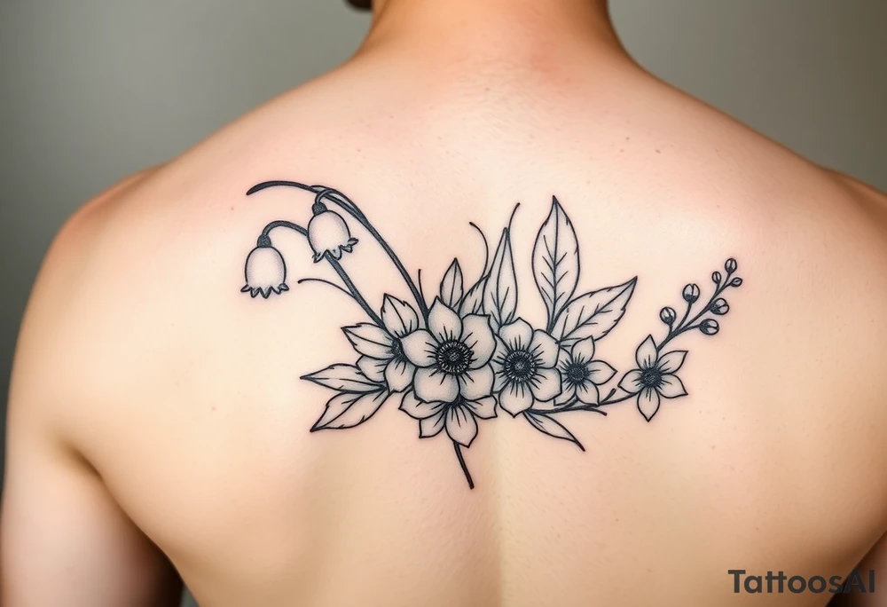 Simple small design in black bunch of flowers 1 lily of the valley 1 daffodil 1 holly 1 larkspur tattoo idea