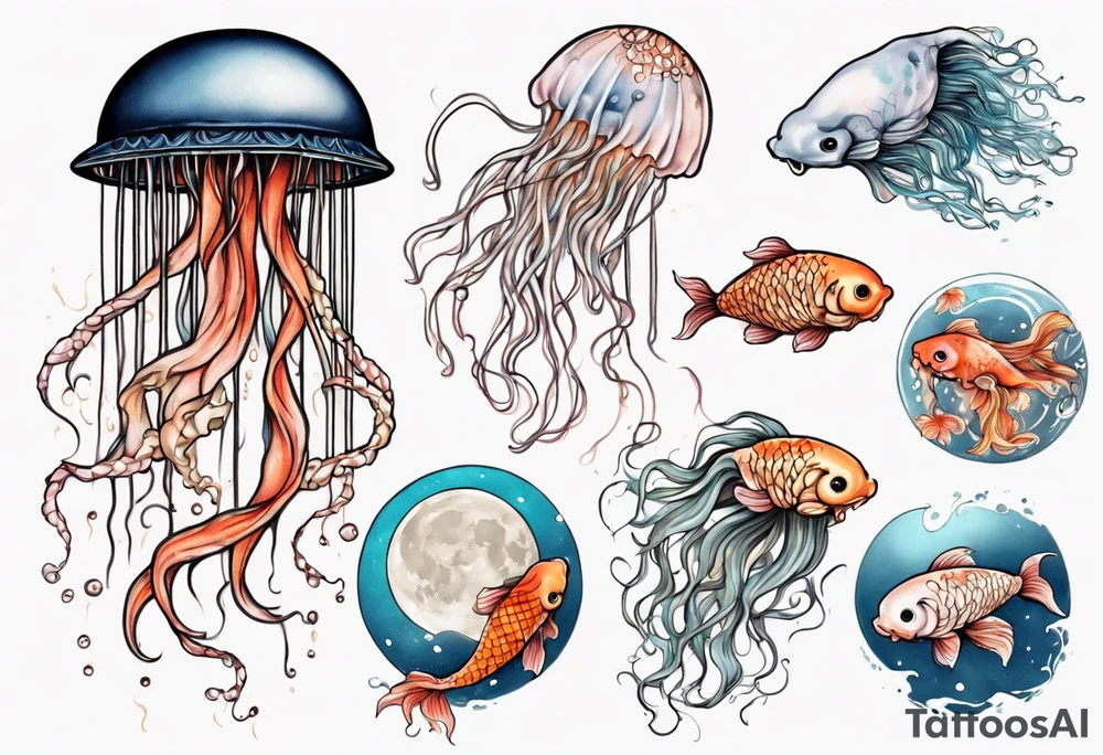 1 jellyfish with the moon in the lid. Then with mini koi carp and jellyfish swimming amongst the tentacles tattoo idea