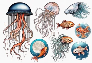 1 jellyfish with the moon in the lid. Then with mini koi carp and jellyfish swimming amongst the tentacles tattoo idea
