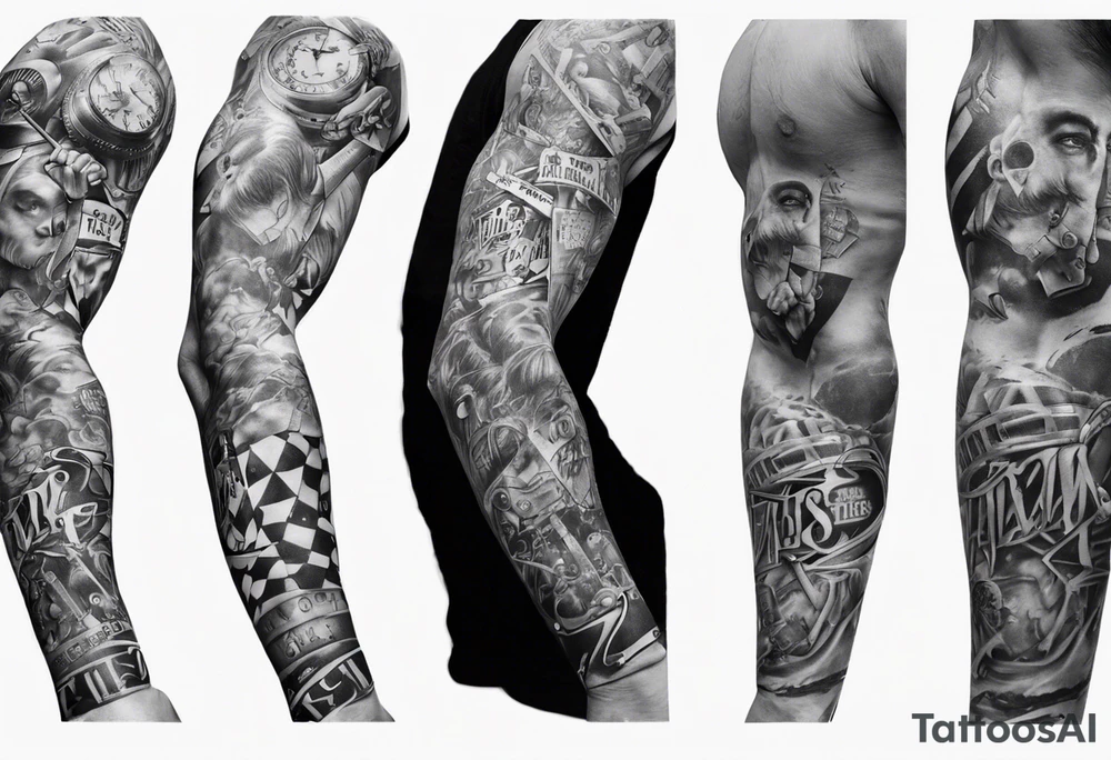men’s arm sleeve, the name Peters, jack of all trades tattoo idea