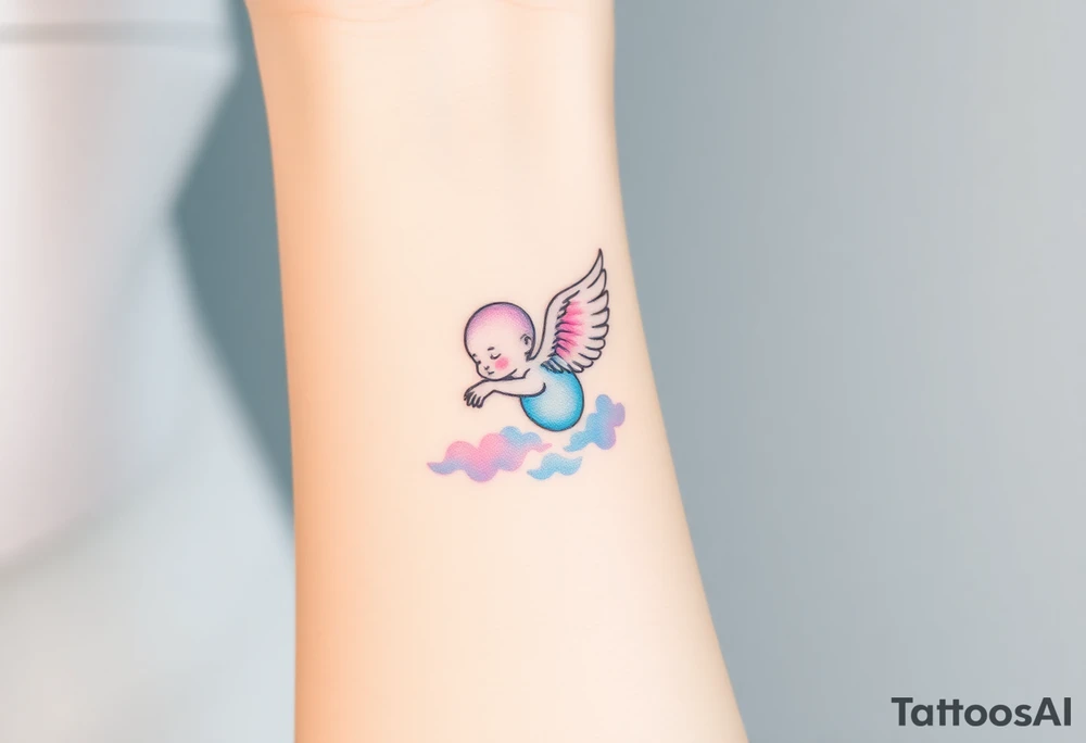 Winged baby, blue and pink watercolor, clouds tattoo idea