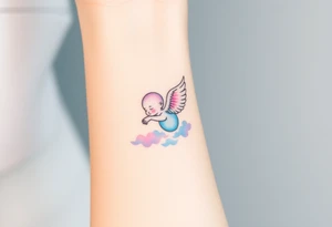 Winged baby, blue and pink watercolor, clouds tattoo idea
