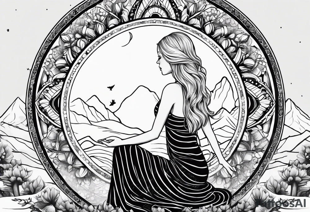 Straight blonde hair girl meditating facing away toward mountains surrounded by mushrooms crescent moon mandala circular design black and white striped dress tattoo idea