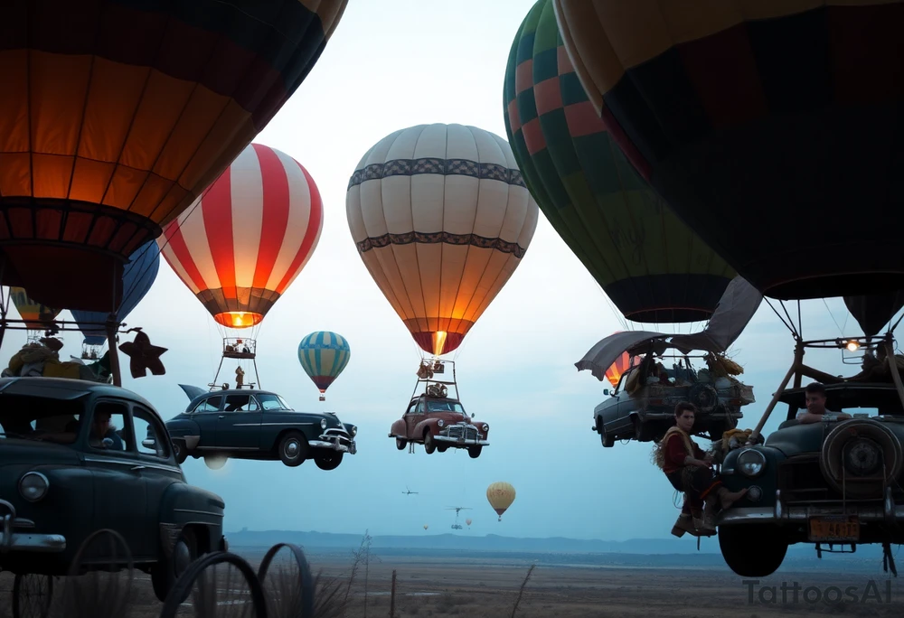 in a very steam punk vibe i want you to make a picture of a bunch of old beat up cars with people lounging in them and garbage and junk all up in and on them, tied to hot air balloons floating in the sky right about dusk and they are as far as the eye can see i want the cars to be floating as if they were the basket to the hot air balloons and the hot air balloons are all different colors and patterns and some are old and patched and i dont want to see the ground at all  i want this to be a scene that is up in the sky with them all floating under the balloons like it is in a dream and every single balloon in the picture is attached to a different old car, and some of the cars you can see people kicked back with thier feet out the window and stuff on the dash of the car, and some with people hanging an arm out hte window some have cigarrette smoke coming out the window, and the balloons all are different but every single car is floating high in the sky and i dont want there to be too many balloons and cars, just a few close together, and the rest ll are smaller and off in the distance 

and it should look like i too am in a car attached to a hot air balloon floating along as well and there should be no ground in sight,... because each one is hiigh in the sky, on a long voyage together i dont want to see the ground from the posistion tattoo idea