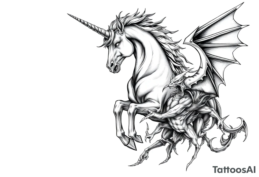 Dark unicorn evil and angry fighting with demons tattoo idea