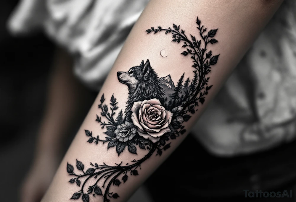 Rose vine with wolf, moon forest 
mountains wrap around tattoo idea