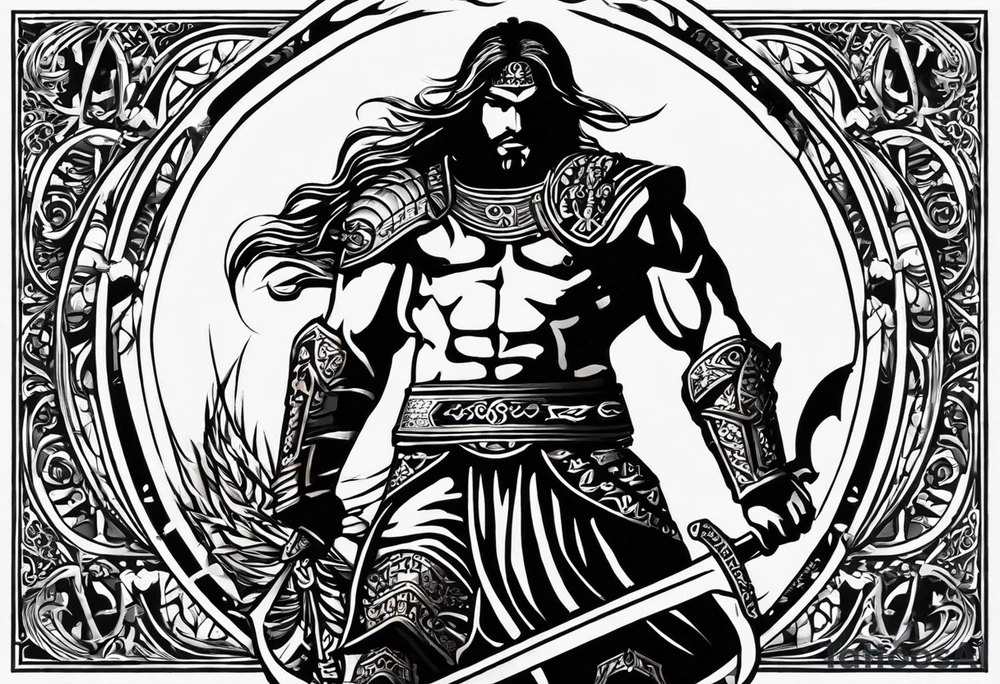 The tattoo is spiritually driven, using the Latin quote "Vincit qui see Vincit," which translates to "He who conquers himself conquers the world." Create this tattoo using the ideas of the warrior spirit, discipline, and growth in all aspects of life tattoo idea
