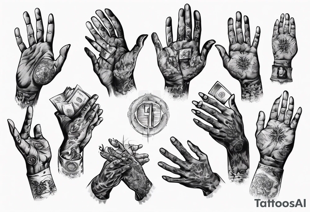 Hands of a praying man with money tattoo idea