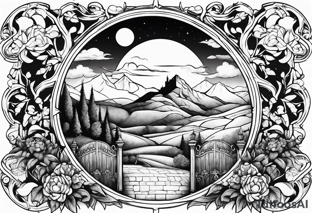night medieval town mountains garden gate entrance
in circle vignette surrounded by clouds floral tattoo idea