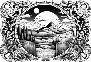 night medieval  town mountains garden gate entrance 
 in circle vignette surrounded by clouds floral tattoo idea