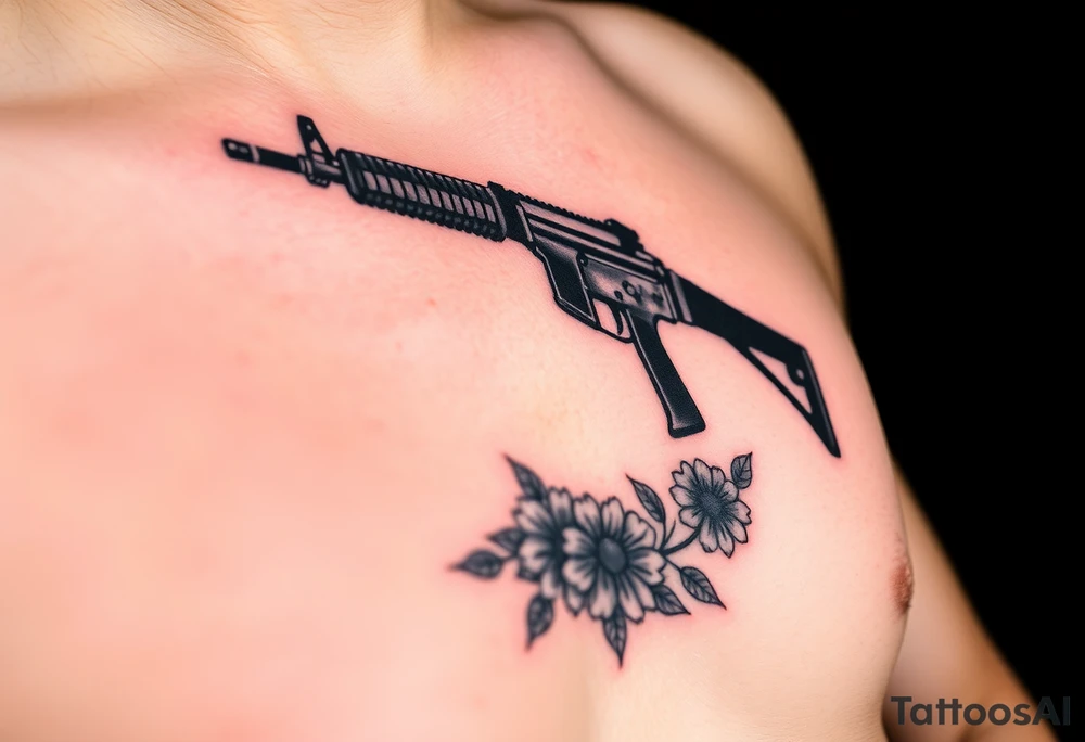 ak 47 black silhouette with floreal details tattoo idea
