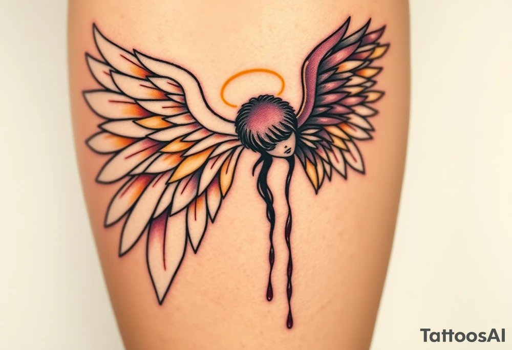 Seraphim angel, with brilliant white wings that shine with golden accents and divine light, is contrasted with a fallen angel, whose wings are tattered and darkened with deep purples, reds, and blacks, dripping with sorrowful tears of blood. tattoo idea