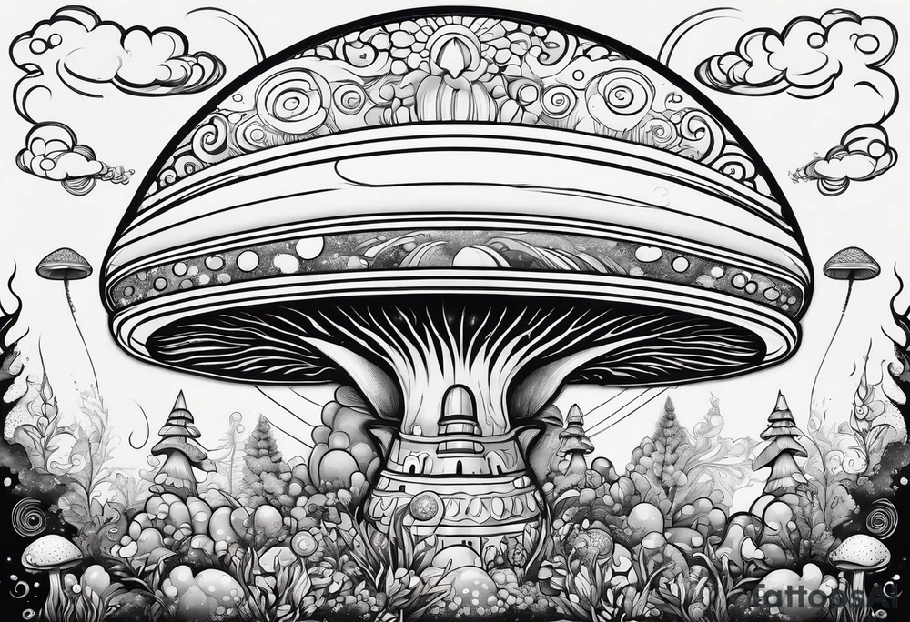 Psychedelic mushroom rocketship bursting out of bubble into spiritual realm tattoo idea