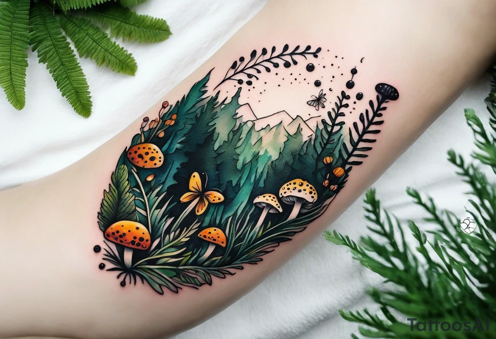 forest floor inspired minimalist tattoo, which includes grass, curly ferns, moss and dead leaves as the bulk of the tattoo. details to include: forest berries, a tiny bumblebee flying nearby, three small brown mushrooms
Generate a vertically long one tattoo idea