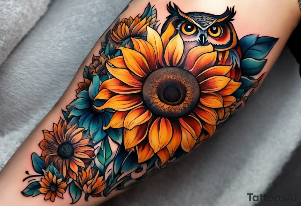 Leg sleeve with colorful sunflowers and an owl tattoo idea