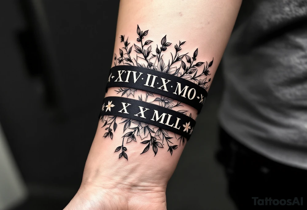 2 black bands with roman numerals across them in negative, between the black bands are full of narcissus flowers and holly tattoo idea