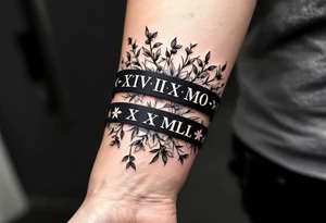 2 black bands with roman numerals across them in negative, between the black bands are full of narcissus flowers and holly tattoo idea