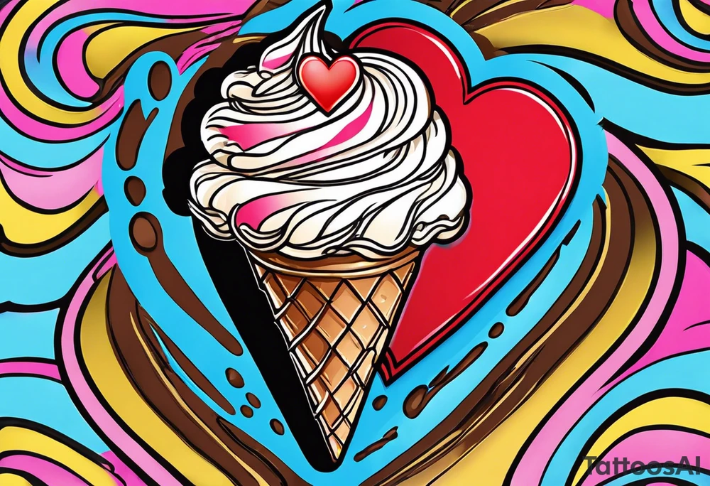 sketch chocolate chip ice cream cone with one red heart tattoo idea