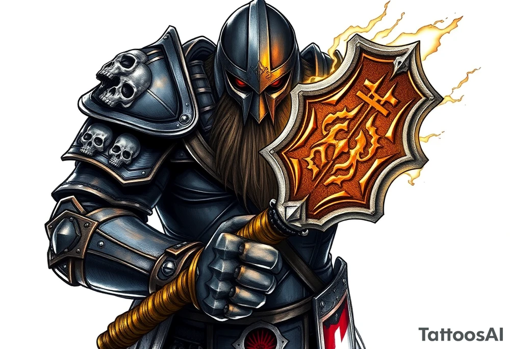 Warhammer, the Old World. A warrior priest of Sigmar holding The Warhammer of Sigmar. The Warhammer of Sigmar is radiating thunderous energy. The Warhammer is held by the warrior priest with both gripping hands at the shaft, upon his chest level. The Warrior priest is wearing dark alloyed heavy armour (reference armor from warhammer vermintide 2 Victor Saltzpyres, the warrior priest of Sigmar class) with skull sigils on his shoulder pads. The warrior priest is wearing a helmet, while the helmets front visor has an humanoid metal face covering. The helmet and armour are gladened with hints of gold and crimson red. The Warhammer is silverish and golden with a long shaft with twisted carvings. tattoo idea