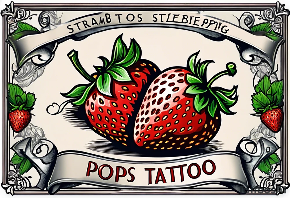 traditional  Strawberry with banner across it that says Pops tattoo idea
