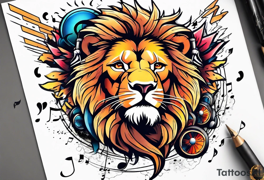 lion throwing music notes and thunder bolts tattoo idea