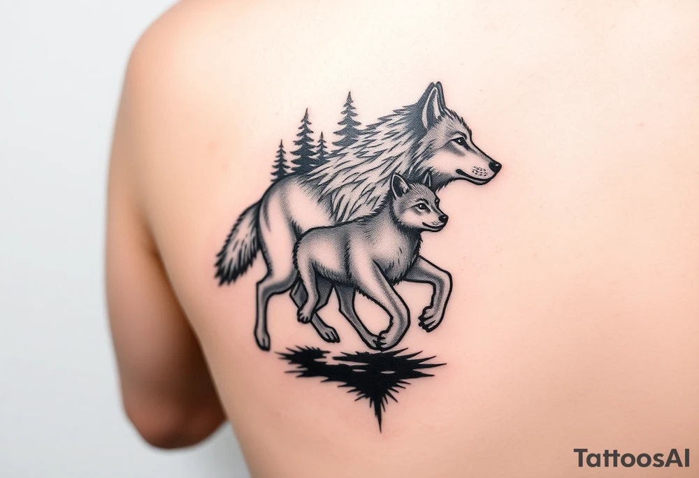 two wolves, an adult and a cub, facing the right running into a forest. A small tattoo on the front of the forearm tattoo idea