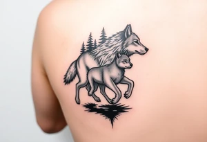 two wolves, an adult and a cub, facing the right running into a forest. A small tattoo on the front of the forearm tattoo idea
