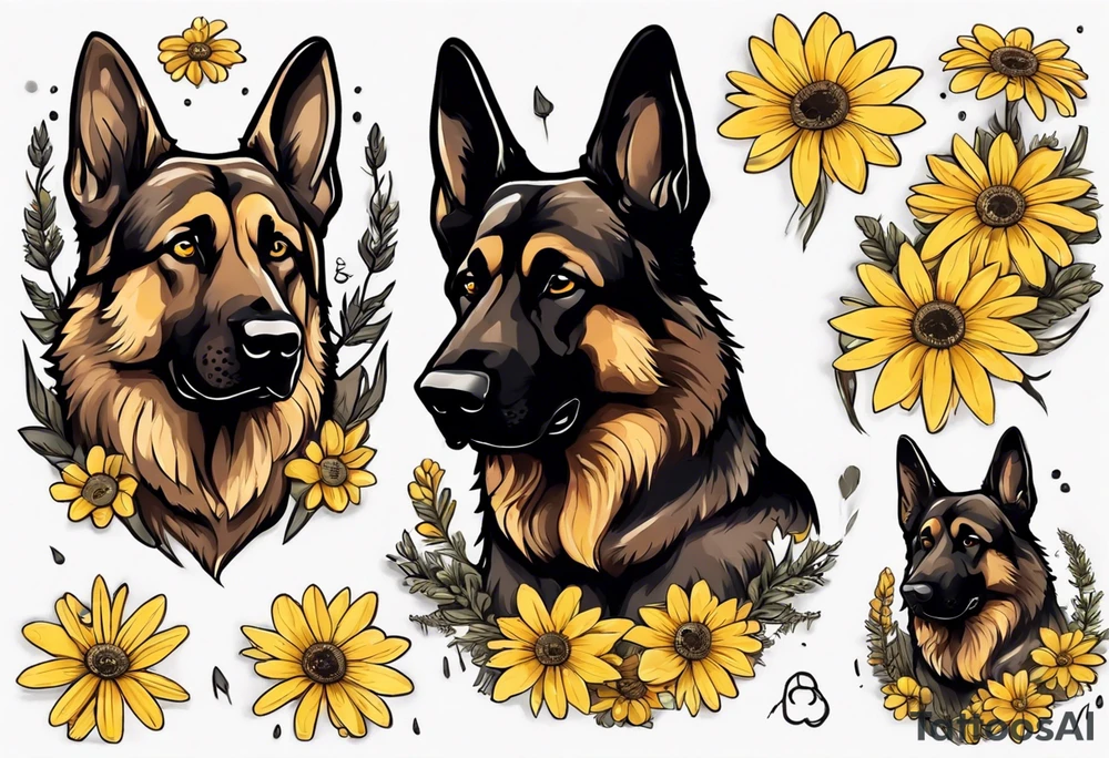 Dark Brown German shepherd portrait surrounded by yellow daisies tattoo idea