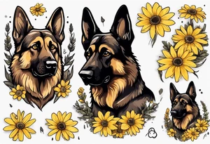 Dark Brown German shepherd portrait surrounded by yellow daisies tattoo idea