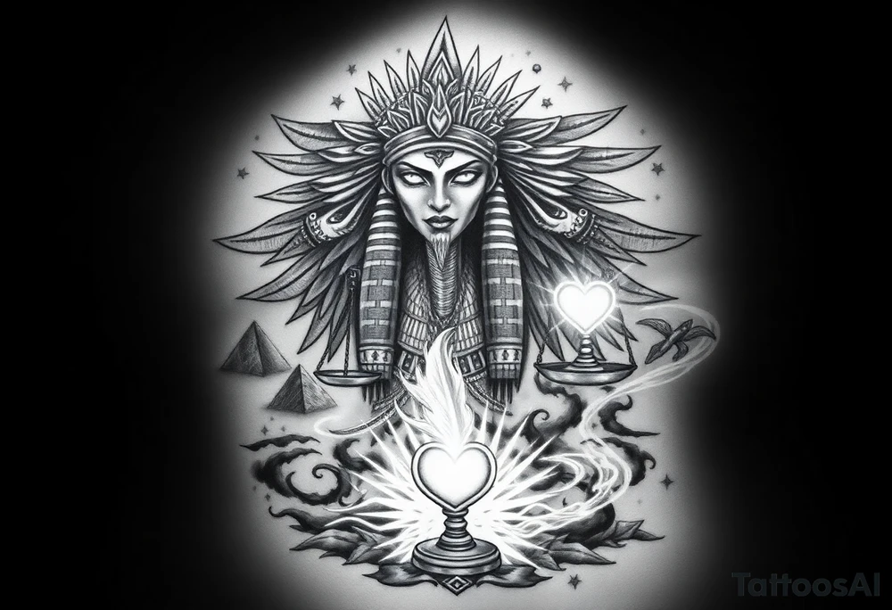 “Super realistic black and grey tattoo of the Egyptian goddess Ma’at, depicted as a regal woman with an ostrich feather headdress, intense glowing eyes, and intricate ancient Egyptian jewelry. She stands or floats amidst swirling cosmic energy and beams of light, with subtle hieroglyphics and pyramids in the background. Incorporate the Scales of Justice—one side holding a heart, the other Ma’at’s feather—glowing with ethereal energy. Emphasize dramatic lighting, deep shadows, and surreal, mystical atmosphere to match a sleeve with Anubis and cosmic motifs. Design should flow with existing sleeve art, using soft transitions and layered textures. tattoo idea