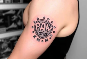 Paw Patrol Badge with footprints chasing letters KMC around the outside staggered tattoo idea