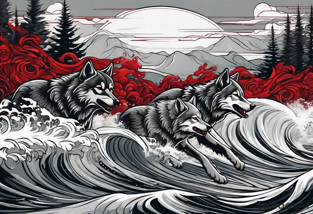 a pack of howling muscular  gray wolves surfing waves with a linear background with red, white and black and gray tattoo idea