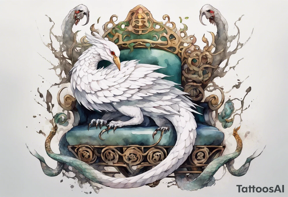 a white bird-serpent hybrid, wearing a iron crown, coiled around a throne tattoo idea