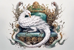 a white bird-serpent hybrid, wearing a iron crown, coiled around a throne tattoo idea
