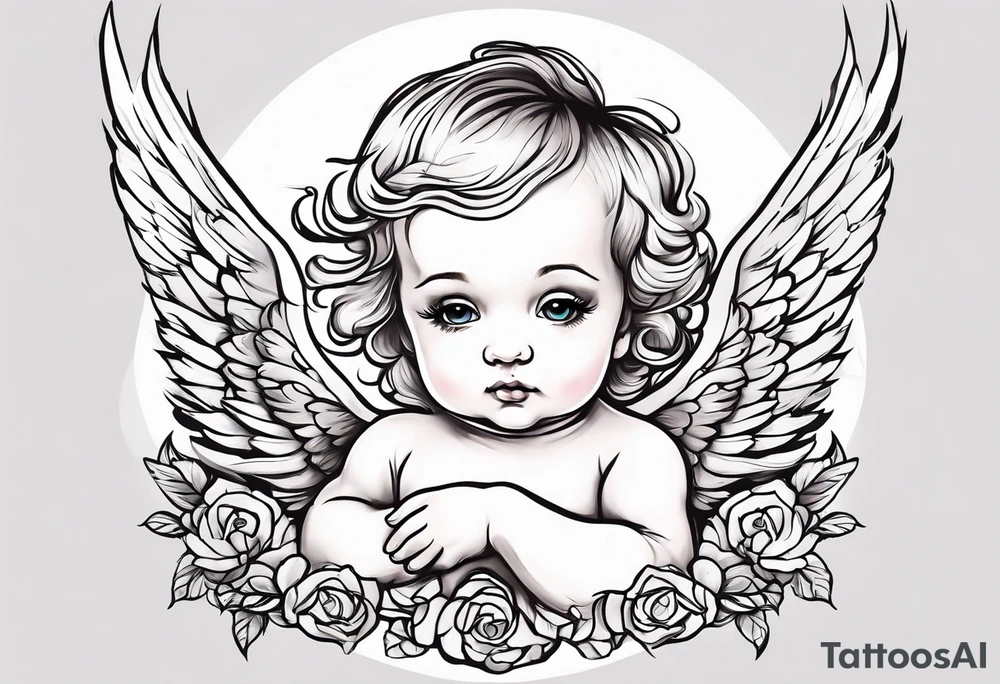 a baby angel with "my sweet angel" written underneath it tattoo idea